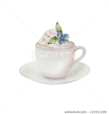 Cup of white coffee, hot chocolate and cream with coffee beans, with saucer and blueberries with green leaves. Watercolor illustration, isolated on a white background. For menu design, cards, cooking Cup of white coffee, hot chocolate and cream with coffee beans, with saucer and blueberries with green leaves. Watercolor illustration, isolated on a white background. For menu design, cards, cooking 123911290