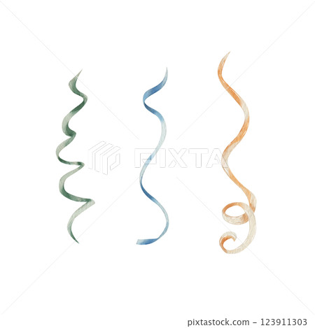 Set of watercolor serpentine ribbons. Orange, blue and green garland. Isolated on a white background. Holiday design elements for banners, cards, invitations. Set of watercolor serpentine ribbons. Orange, blue and green garland. Isolated on a white background. Holiday design elements for banners, cards, invitations. 123911303