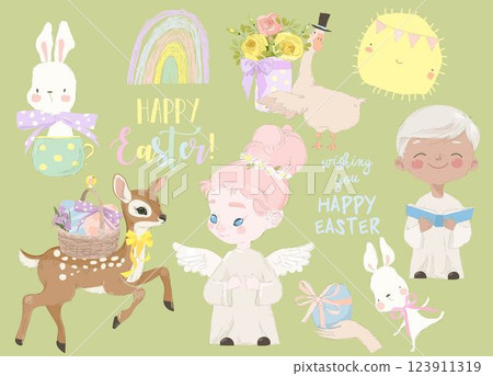 Happy Easter Set with Cute Angels and Easter Elements 123911319