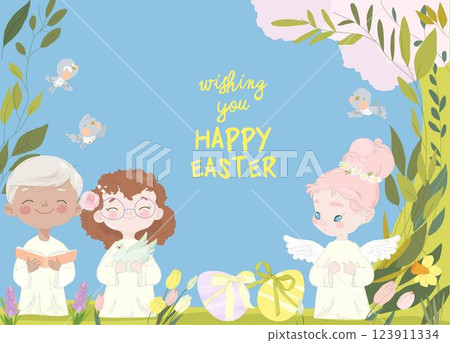 Card for Easter Day with Funny Cartoon Angels 123911334