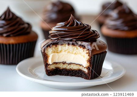 Delicious chocolate cupcakes with cream filling surprising a hungry customer 123911469