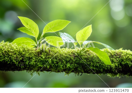 New green leaves growing from mossy branch in rainforest 123911470