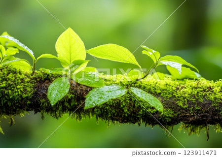 New green leaves growing on mossy branch in rainforest 123911471
