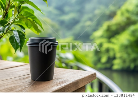Black takeaway coffee cup standing on wooden table with green nature background 123911484