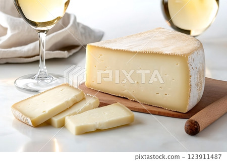 Saint-nectaire cheese with white wine on white marble table 123911487
