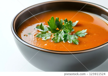 Steaming tomato soup with parsley in a bowl 123911524