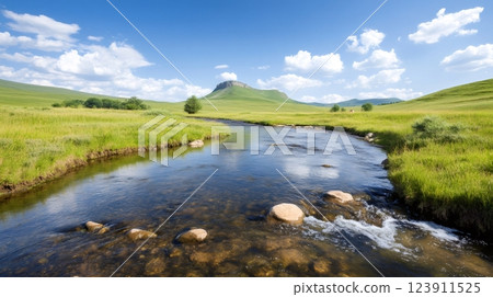 Shallow river flowing through green meadow under blue sky in caucasus mountains Shallow river flowing through green meadow under blue sky in caucasus mountains 123911525