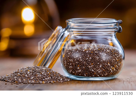Chia seeds spilling from glass jar on wooden table 123911530