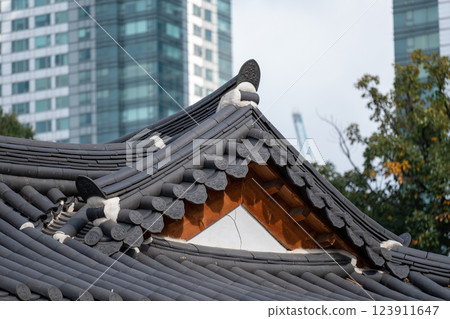 Close-up photo of the Korean style roof in Bongeunsa Temple, a Buddhist temple in Seoul, South Korea Close-up photo of the Korean style roof in Bongeunsa Temple, a Buddhist temple in Seoul, South Korea 123911647