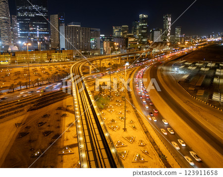Nighttime Aerial View of Riyad City Lights and Highways. KAFD 123911658