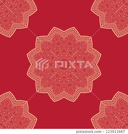 Vector Japanese seamless pattern in oriental geometric traditional style. Festive ornament for lunar chinese new year decoration. Red and golden asian creative motif. Abstract Waves and Circles Vector Japanese seamless pattern in oriental geometric traditional style. Festive ornament for lunar chinese new year decoration. Red and golden asian creative motif. Abstract Waves and Circles 123911667