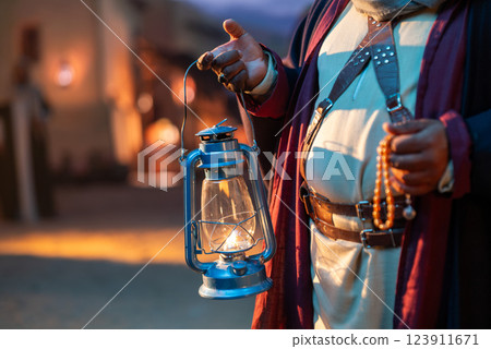 A traditional Saudi Arabian lantern glows in the night 123911671
