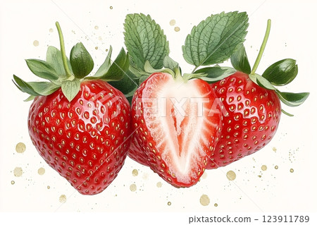 Fresh strawberries with leaves showing a heart shape on white background 123911789