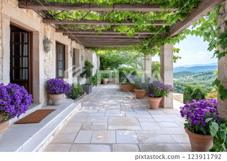 Stone paved terrace with wooden pergola and purple flowers overlooking a valley 123911792