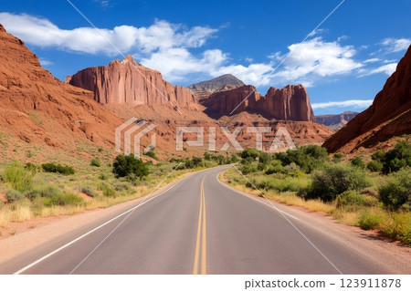 Scenic road winding through Capitol Reef National Park in Utah 123911878