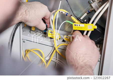 technician installing network and coaxial cables in communication panel, internet and tv setup, professional service and technology concept 123912267