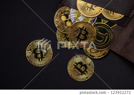 golden cryptocurrency coins, including bitcoin, ripple, and dogecoin, spilling out of a leather wallet on a dark background, symbolizing digital wealth and crypto investments 123912272