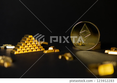 gold ethereum coin next to a pyramid of miniature gold bars on a dark background, symbolizing the connection between digital assets and traditional wealth gold ethereum coin next to a pyramid of miniature gold bars on a dark background, symbolizing the connection between digital assets and traditional wealth 123912283