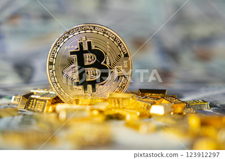bitcoin cryptocurrency with gold bars and cash, symbolizing digital wealth, financial success, and investment opportunities 123912297