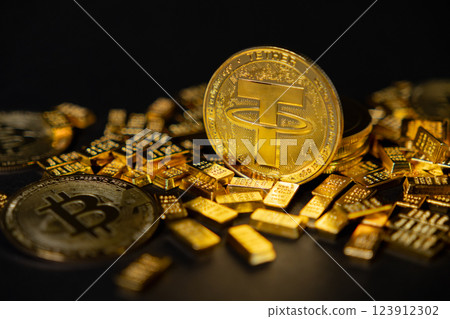 tether coin among gold bars and bitcoin on a dark background, showcasing cryptocurrency investment, wealth, and digital financial success tether coin among gold bars and bitcoin on a dark background, showcasing cryptocurrency investment, wealth, and digital financial success 123912302