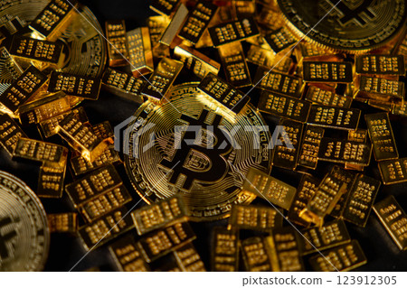shiny bitcoin with scattered gold bars on dark backdrop, representing digital currency, wealth accumulation, and investment potential shiny bitcoin with scattered gold bars on dark backdrop, representing digital currency, wealth accumulation, and investment potential 123912305