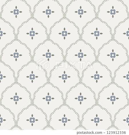 Retro flowers scallop seamless pattern. Floral daisy rustic retro endless wallpaper background for kitchen decor or textile design. Blue and beige calm colors. Retro flowers scallop seamless pattern. Floral daisy rustic retro endless wallpaper background for kitchen decor or textile design. Blue and beige calm colors. 123912336