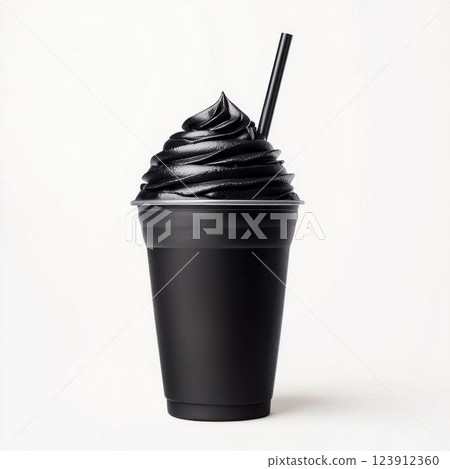 Black and White Swirled Soft Serve in Black Cup with Straw 123912360