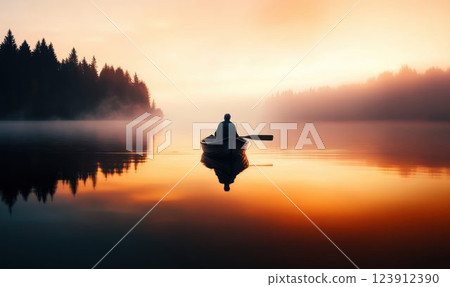 Old Fisherman in Wooden Boat on Misty Lake at Sunrise Old Fisherman in Wooden Boat on Misty Lake at Sunrise 123912390