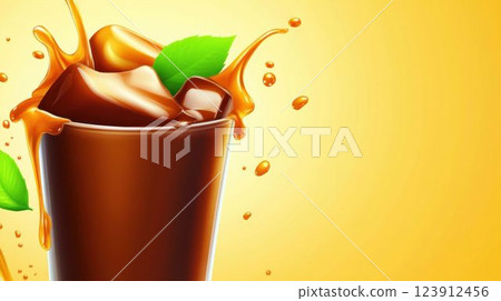 Chocolate Milk with Ice Cubes and Green Leaves in Glass with Splashes on Yellow Background Chocolate Milk with Ice Cubes and Green Leaves in Glass with Splashes on Yellow Background 123912456