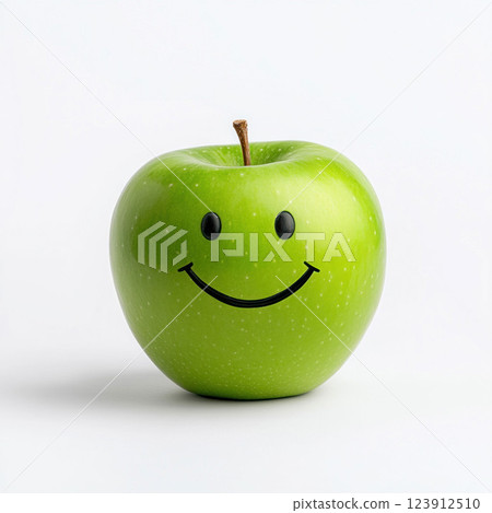 Smiling Green Apple on White Background 123912510