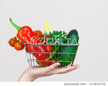 Woman hand holds shopping basket with vegetables Woman hand holds shopping basket with vegetables 123912720