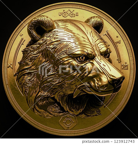 Expressive portrait of a bear on a gold coin. The coin depicts the head of a brown bear. AI generated. 123912743
