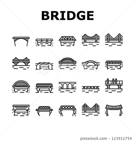 bridge city building road river icons set vector 123912754