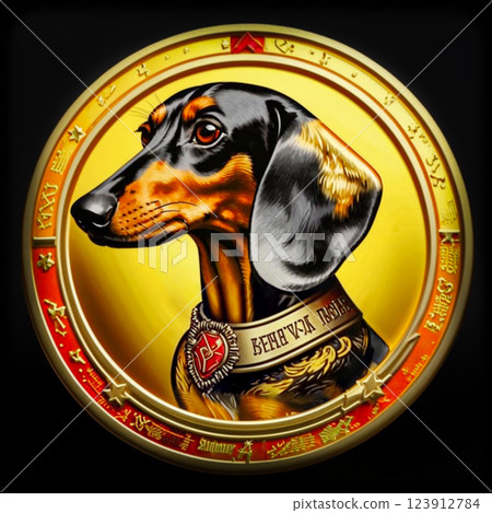 A colorful portrait of a dachshund on a gold coin. The coin depicts a charming hunting dog, a dachshund. 123912784