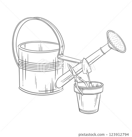 Watering can, flower pot, and garden tools. Elegant hand-drawn line graphic illustration. Ideal for gardening, spring planting, eco-friendly home decor. Perfect for coloring page, seasonal summer art 123912794