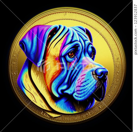 Colorful dog portrait on a gold coin. A charming dog is depicted on the coin.  123912837