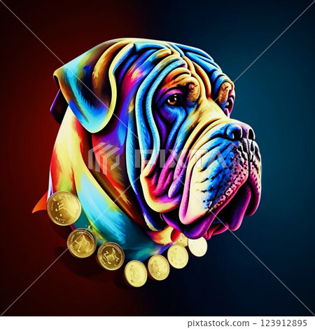 Colorful portrait of a dog. A charming dog is depicted on the coin.  123912895
