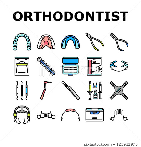 orthodontist accessories braces icons set vector 123912973