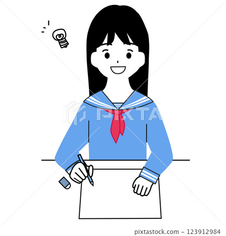圖：一個穿著水手服的女孩因為解決了問題而感到高興 123912984
