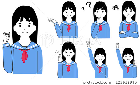 Vector illustration set of students, junior and senior high school students, guidance, upper body, smartphone, pointing, operation, smiling female student 123912989