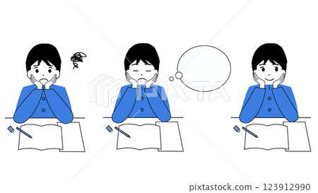 A set of facial expressions of a male student resting his chin on his hands while studying 123912990