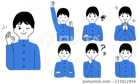 穿著制服的男孩的一組面部表情 OK 手勢 穿著制服的男孩的一組面部表情 OK 手勢 123912994
