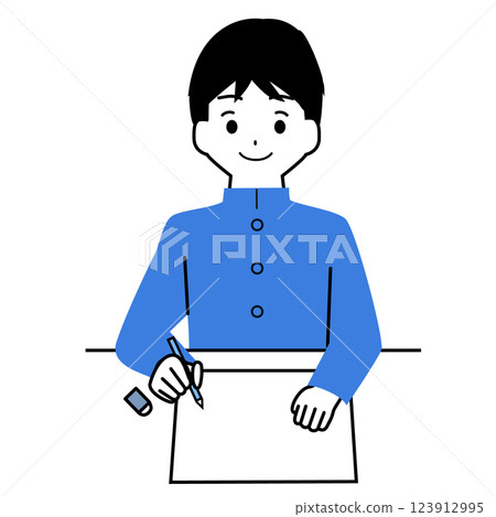 一位男學生微笑著填寫表格的插圖 一位男學生微笑著填寫表格的插圖 123912995