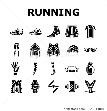 running accessories shoes watch icons set vector running accessories shoes watch icons set vector 123913001