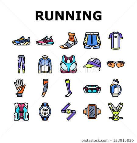 running accessories shoes watch icons set vector 123913020