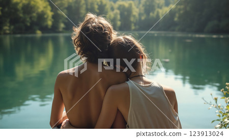 Young couple embraces by tranquil lake, smiling with eyes closed 123913024