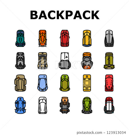 hiking backpack gear trail icons set vector hiking backpack gear trail icons set vector 123913034