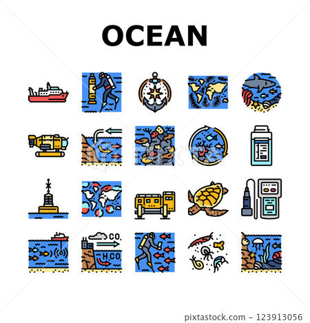 world ocean marine biodiversity icons set vector world ocean marine biodiversity icons set vector 123913056