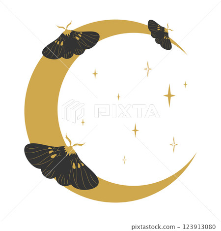 Black moths sitting on a crescent moon. Celestial emblem with butterflies and crescent. Vector illustration. Black moths sitting on a crescent moon. Celestial emblem with butterflies and crescent. Vector illustration. 123913080