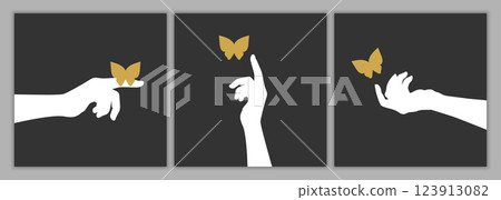 Set of minimalist posters with hand silhouettes and butterflies. Human hand reaching butterfly. Vector illustration Set of minimalist posters with hand silhouettes and butterflies. Human hand reaching butterfly. Vector illustration 123913082